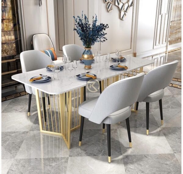6 Seater Caged Design Modern Dining Table Set in White Satvario Marble Top